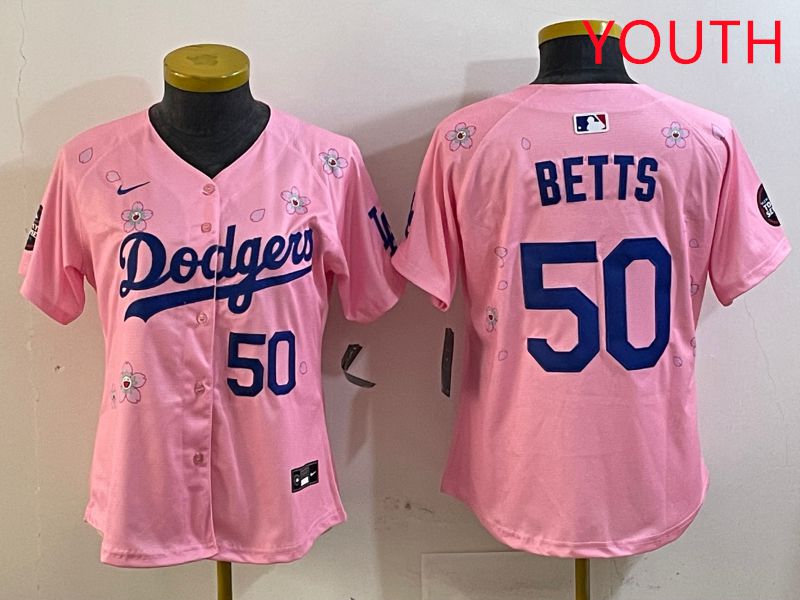 Youth Los Angeles Dodgers #50 Betts Pink Sakura Edition 2025 Nike MLB Jersey style 4